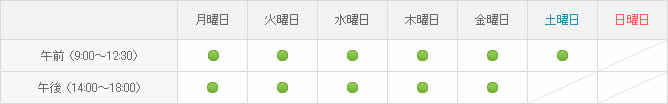 イメージ：午前(9時～12時半)は月曜～土曜まで、午後(14時～18時)は月曜から金曜まで